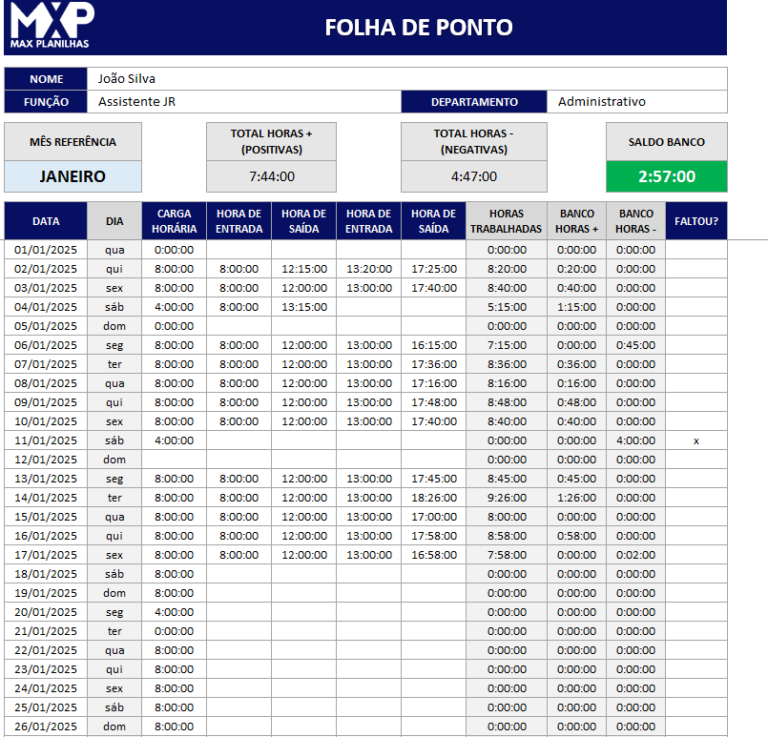 PLANILHA CONTROLE DE BANCO DE HORAS – Max Planilhas