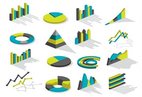 Isometric isolated and colored graphs icon set with shadows for presentations and financial statements vector illustration